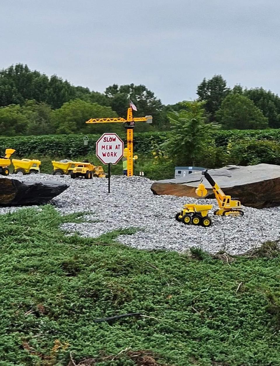 Some residents of Delta erected this construction site on the gravel in the roundabout on Route 74 this summer. PennDOT ordered it removed after one resident complained that it posed a safety hazard.