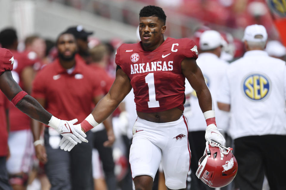 Arkansas’ Jalen Catalon (1) against Rice during the first half of an NCAA college football game Saturday, Sept. 4, 2021, in Fayetteville, Ark. (AP Photo/Michael Woods)