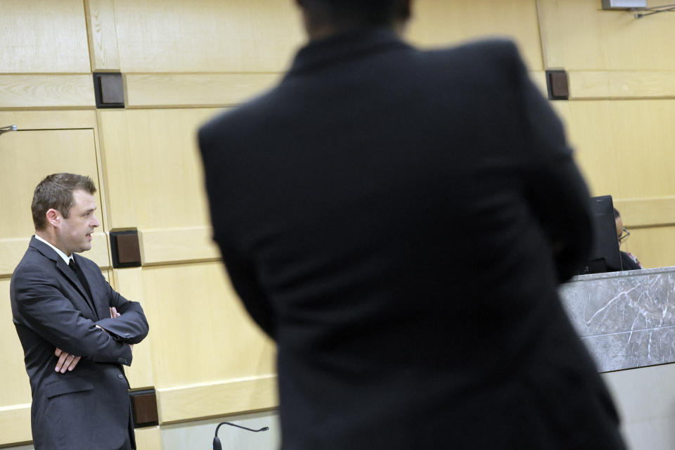 Attorney Joseph Kimok and Assistant State Attorney argue about the jury's request to review cell phone evidence during the fourth day of jury deliberations in the XXXTentacion murder trial at the Broward County Courthouse in Fort Lauderdale, Fla., on Monday, March 13, 2023. Emerging rapper XXXTentacion, born Jahseh Onfroy, 20, was killed during a robbery outside of Riva Motorsports in Pompano Beach in 2018, allegedly by defendants Michael Boatwright, Trayvon Newsome, and Dedrick Williams. (Amy Beth Bennett/South Florida Sun-Sentinel via AP, Pool)