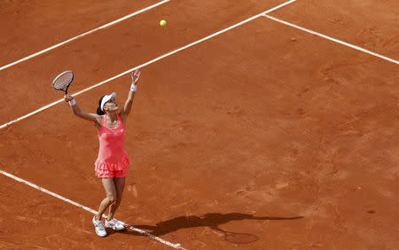 Tennis - French Open - Roland Garros - Barbora Strycova of the Czech Republic v Agnieszka Radwanska of Poland - Paris, France - 27/05/16. Radwanska serves. REUTERS/Jacky Naegelen