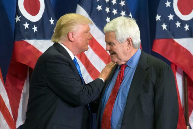 Presidential candidate Donald Trump and former House Speaker Newt Gingrich at a rally in Cincinnati on July 6, 2016.