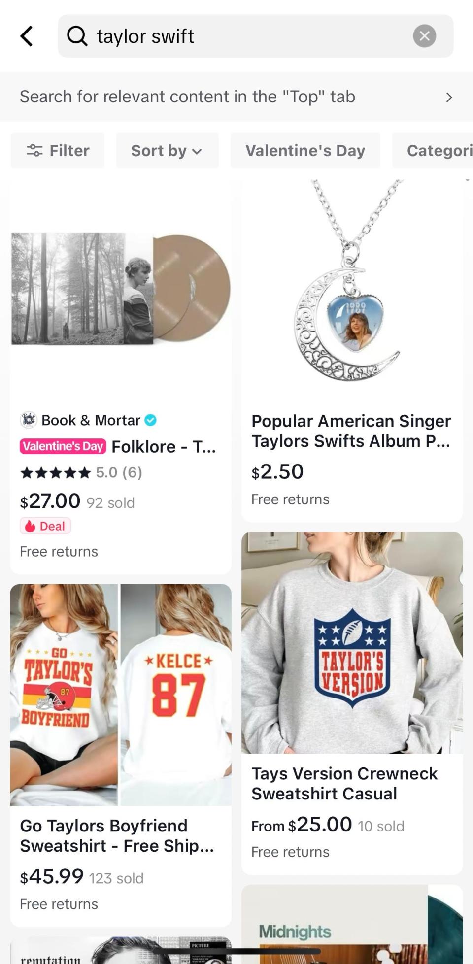 First four search results for "Taylor Swift" on TikTok Shop.