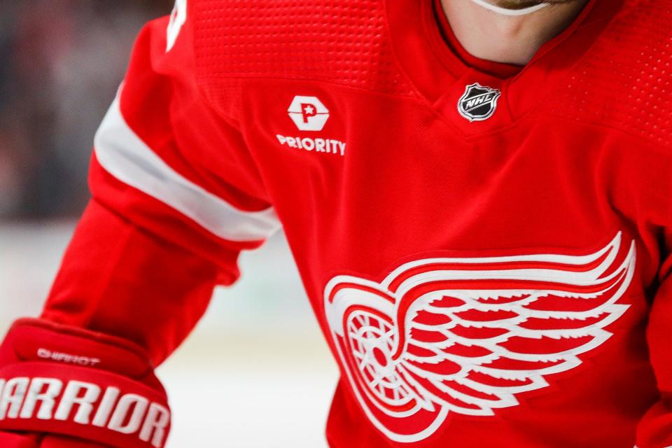 A Priority Waste patch on Red Wings defenseman Ben Chiarot's jersey during the second period of the Wings' 5-3 loss on Thursday, Feb. 29, 2024, at Little Caesars Arena.