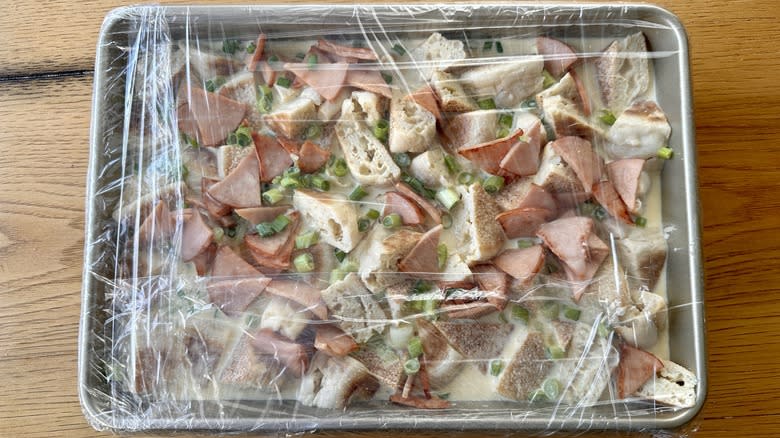 plastic-wrapped breakfast casserole