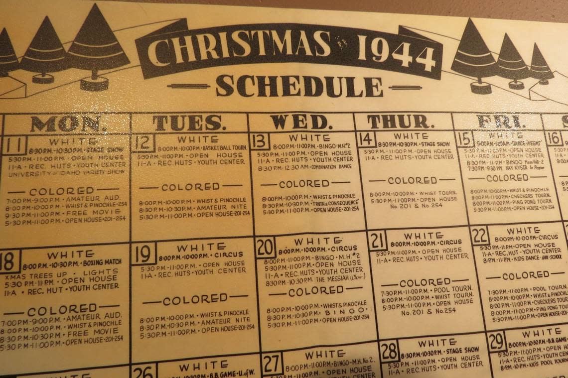 A full schedule of Christmas and New Year activities for Hanford workers in 1944 lists separate and unequal entertainment for Black and white workers.