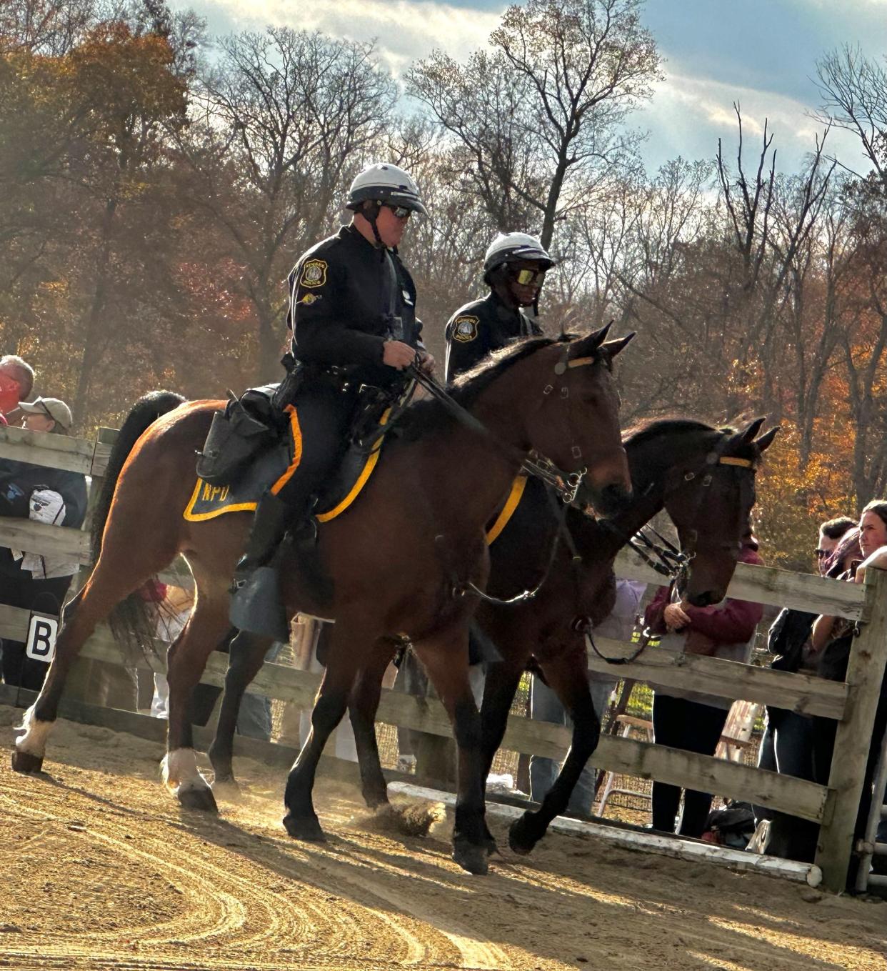 Police horses visit the Standardbred Retirement Foundation, a nonprofit based at a rescue farm in Upper Freehold. These former racehorses, now at work with law enforcement, had been rescued from slaughterhouses by the foundation.