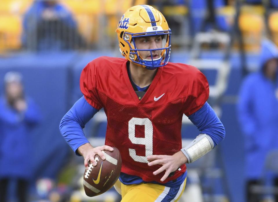 Former USC quarterback Kedon Slovis scrambles during a scrimmage for Pittsburgh in April.