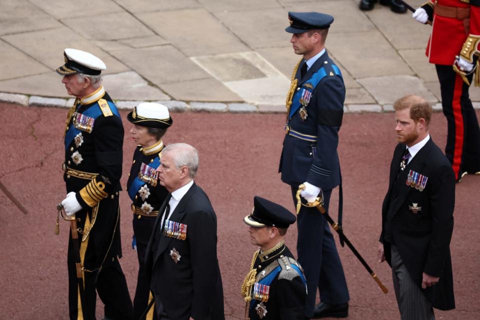 <div class="inline-image__caption"><p>Britain's King Charles, Britain's Anne, Princess Royal, Prince Andrew, Duke of York, Prince Edward, Earl of Wessex, Britain's William, Prince of Wales, and Britain's Prince Harry, Duke of Sussex, attend the state funeral and burial of Britain's Queen Elizabeth, at Windsor Castle in Windsor, Britain, September 19, 2022.</p></div> <div class="inline-image__credit">Henry Nicholls/Reuters</div>