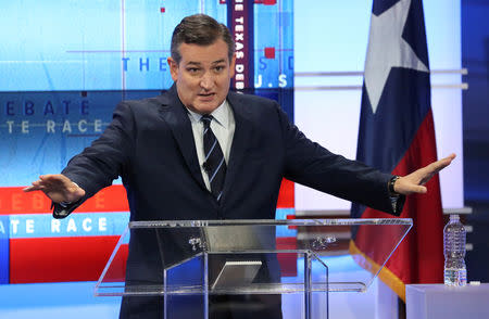 U.S. Senator Ted Cruz speaks during a debate with U.S. Rep. Beto O'Rourke (not shown), at the KENS-5 TV studios in San Antonio, Texas, U.S., October 16, 2018. Tom Reel/San Antonio Express-News/Pool via REUTERS