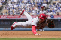 St. Louis Cardinals first baseman Brendan Donovan makes a catch on a ground ball hit by Los Angeles Dodgers' Miguel Vargas during the fourth inning of a baseball game Sunday, April 30, 2023, in Los Angeles. Vargas was thrown out at first on the play. (AP Photo/Mark J. Terrill)