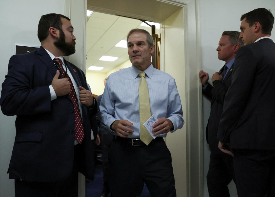  Ohio Rep. Jim Jordan leaves a House Republican conference meeting about choosing a new speaker of the House, on Oct. 19 in Washington. 