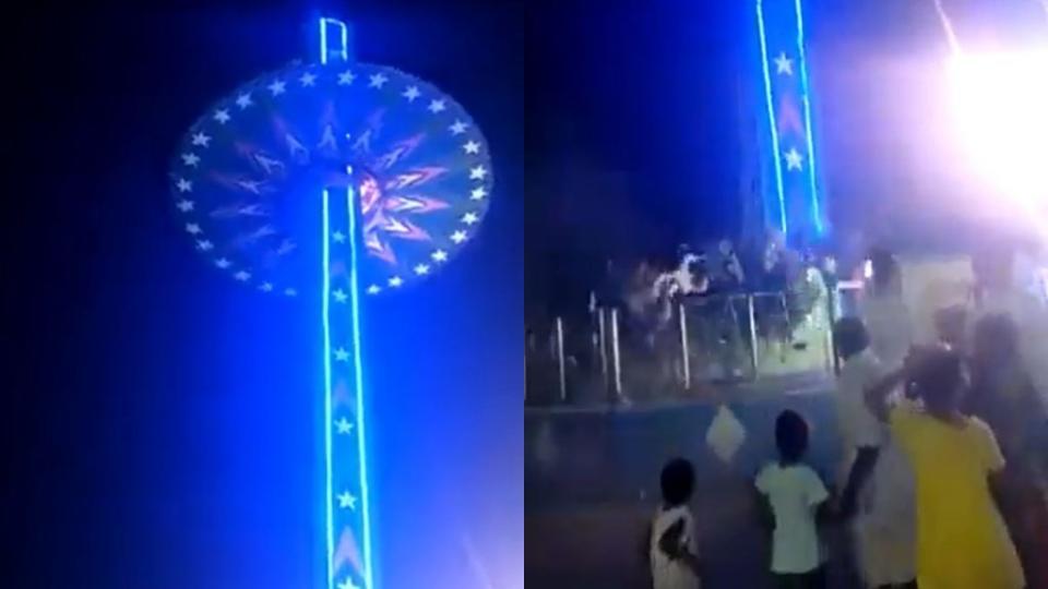 印度某遊樂園內的自由落體突然故障，整台設施從15公尺高空墜落。（圖／翻攝自推特）