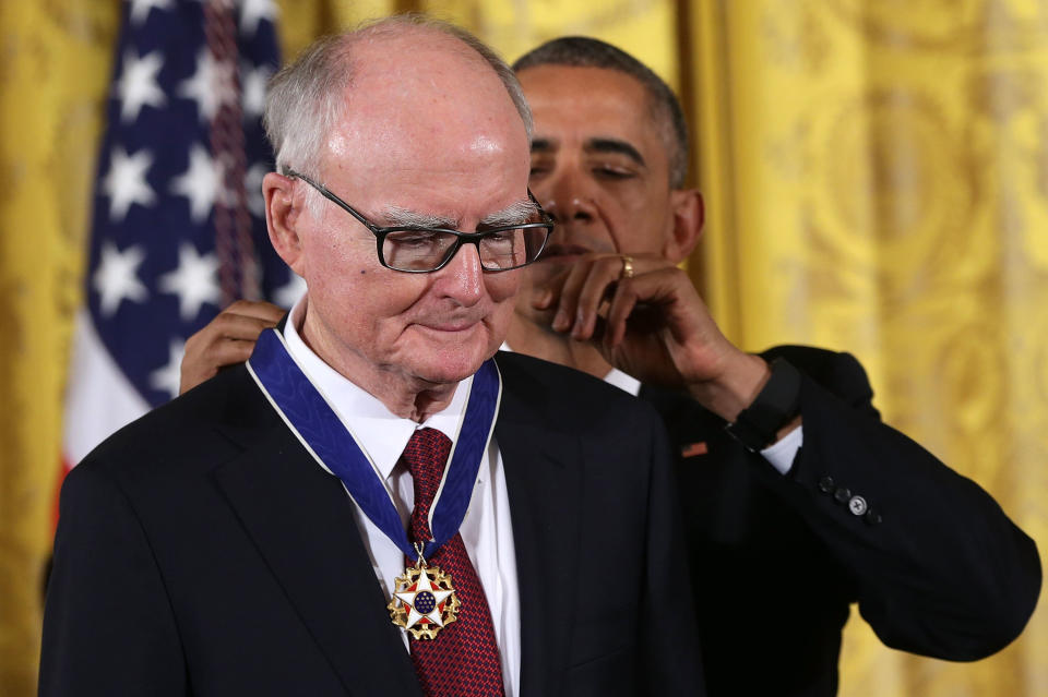 Then-President Barack Obama presents the Presidential Medal of Freedom to William Ruckelshaus, the first and fifth Administrator of the Environmental Protection Agency, during an East Room ceremony on Nov. 24, 2015, at the White House. (Photo: Alex Wong via Getty Images)