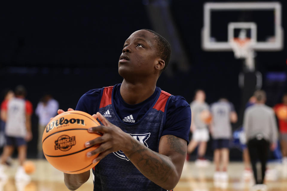 Florida Atlantic guard Johnell Davis shoots during practice before a Sweet 16 college basketball game at the NCAA East Regional of the NCAA Tournament, Wednesday, March 22, 2023, in New York. (AP Photo/Adam Hunger)