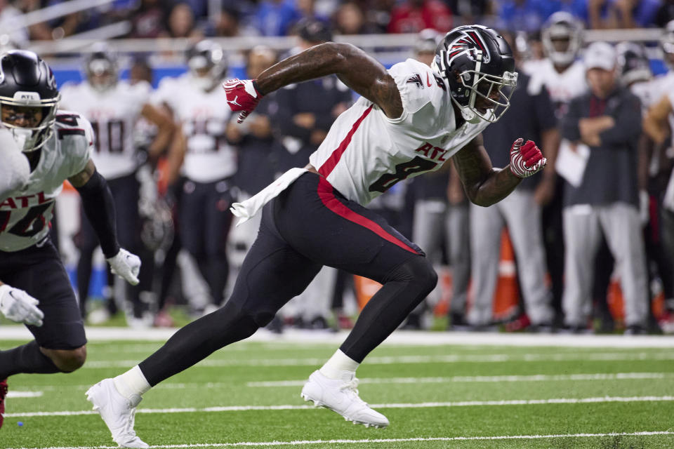 FILE - Atlanta Falcons tight end Kyle Pitts (8) runs a route against the Detroit Lions during an NFL football game, Friday, Aug. 12, 2022, in Detroit. More roster moves could come, but as of Wednesday, Aug. 31, 14 players on the active roster are products of the two NFL drafts under the leadership of general manager Terry Fontenot and coach Arthur Smith, creating a more youthful look with such players as tight end Kyle Pitts, wide receiver Drake London, linebacker Arnold Ebiketie and safety Richie Grant positioned as leaders of the rebuild. (AP Photo/Rick Osentoski, File)