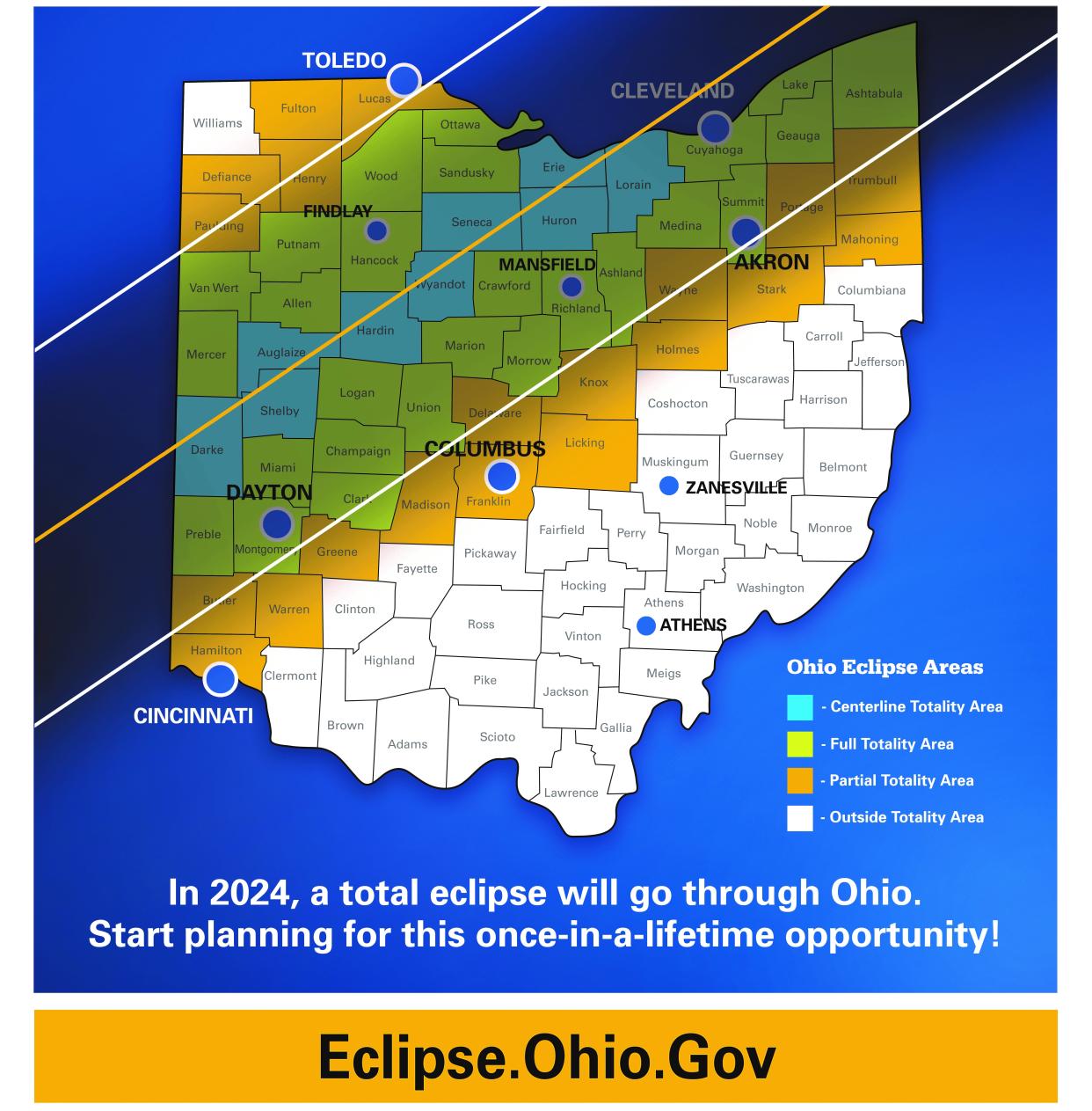 This map provided by the Ohio Emergency Management Agency shows which parts of the state will be affected by the total solar eclipse on April 8, 2024.