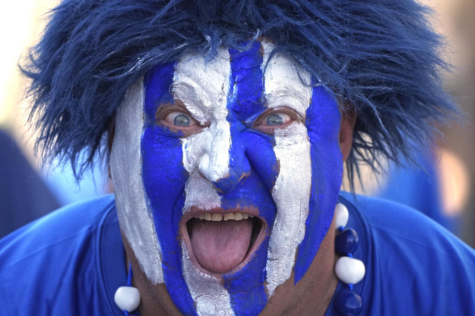 A BYU fan shows his support before an NCAA college football game against Southern Utah, Saturday, Sept. 9, 2023, in Provo, Utah. (AP Photo/Rick Bowmer)
