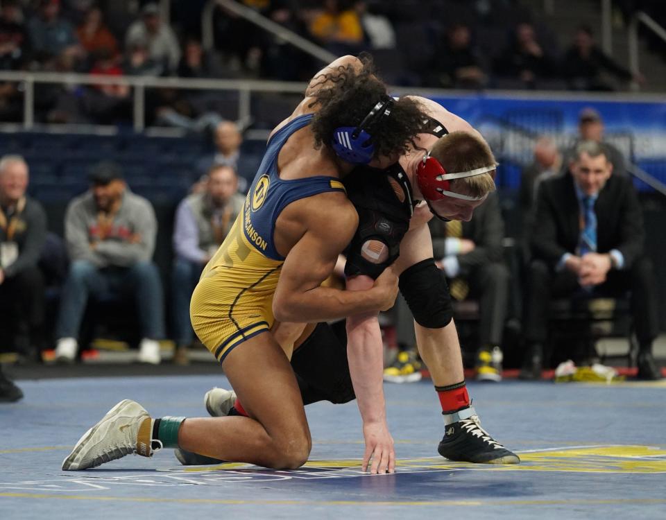 Tioga's Ousmane Duncanson wrestles Bolivar-Richburg's Tayvan MacDonell in the 160-pound championship match at the NYSPHSAA Wrestling Championships at MVP Arena in Albany, on Saturday, February 25, 2023.