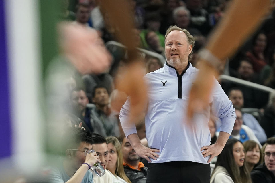 Milwaukee Bucks coach Mike Budenholzer watches from the sideline during the first half of the team's NBA basketball game against the Miami Heat on Friday, Feb. 24, 2023, in Milwaukee. (AP Photo/Aaron Gash)