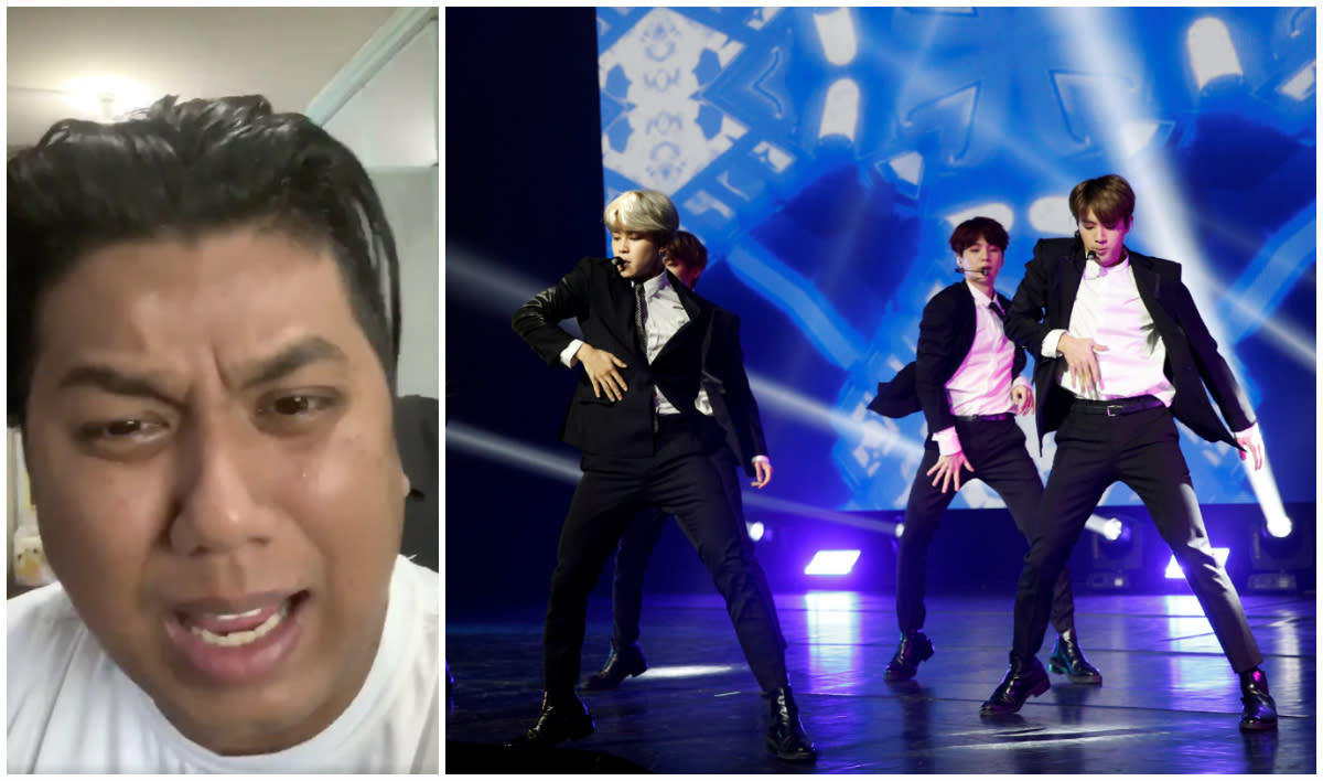 Dee Kosh cried in a video on Twitter after BTS fans criticised him for saying the K-pop band’s songs sound the same. (PHOTOS: Screengrab from Twitter video/Reuters)