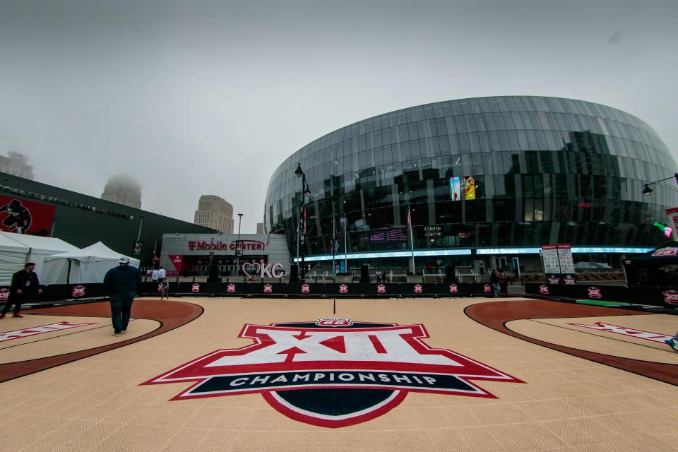 Mar 8, 2023; Kansas City, MO, USA;  Big 12 logo at the center of the fan experience court outside the Big 12 Tournament at the T-Mobile Center. Mandatory Credit: William Purnell-USA TODAY Sports