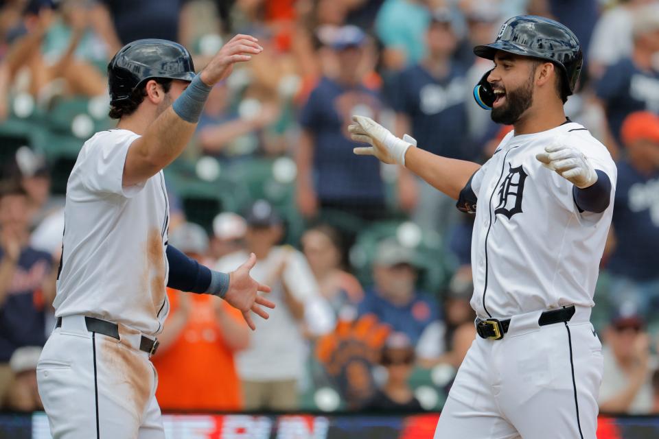 Detroit Tigers left fielder Riley Greene (31) is congratulated by third baseman Matt Vierling (8) after hitting a three-run home run in the second inning against the Chicago White Sox at Comerica Park in Detroit on Sunday, June 23, 2024.