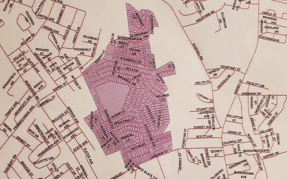 A map of the Broadwell community study area in Fayetteville, NC, where a team of architectural historians over the summer of 2023 researched buildings  and history and talked to residents.