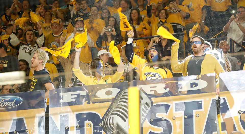 <p>The band Kings of Leon energize the home crowd prior to Game 4 of the Western Conference Final between the Nashville Predators and the Anaheim Ducks. (John Russell/NHLI via Getty Images) </p>