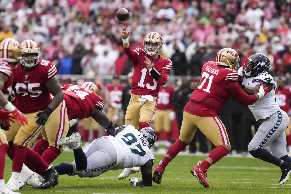 San Francisco 49ers quarterback Brock Purdy (13) had a big game in a win over the Seahawks. (AP Photo/Godofredo A. Vásquez)