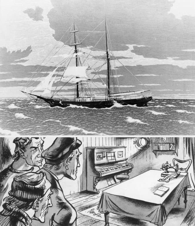 An illustration shows the Mary Celeste ship sailing on the ocean. Below, a drawing depicts people in a room aboard the ship, with a table, sewing machine, and other items visible