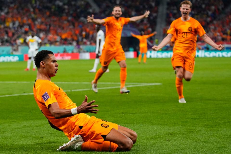 Cody Gakpo of the Netherlands celebrates scoring the opening goal (Associated Press)