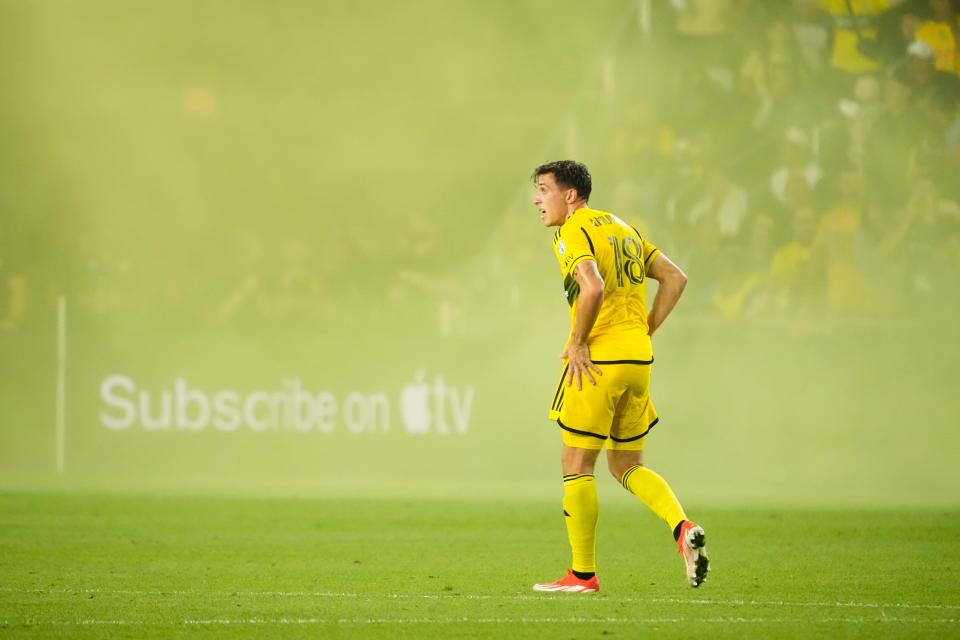 Sep 25, 2024; Columbus, Ohio, USA; Columbus Crew defender Malte Amundsen (18) celebrates scoring a goal during the second half of the Campeones Cup Final against Club América at Lower.com Field. The Crew lost 5-4 in penalty kicks.