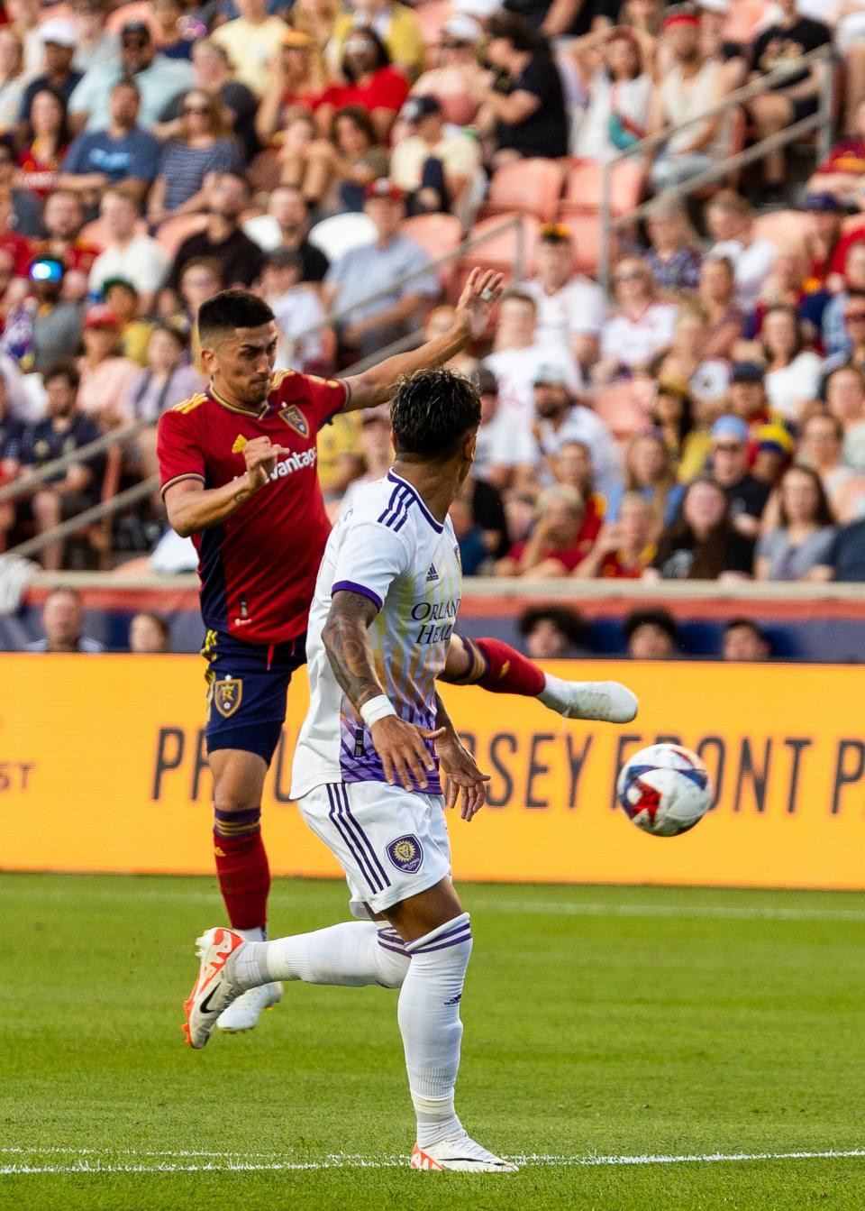 Real Salt Lake’s Pablo Ruiz and Orlando City’s Facundo Torres battle for the ball at the America First Field in Sandy on Saturday, July 8, 2023. | Megan Nielsen, Deseret News