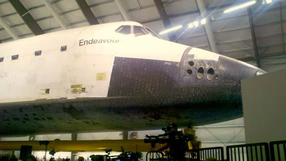 Endeavour is a tight fit inside its new home at the California Science Center, but the accommodations are temporary until a new facility can be completed.