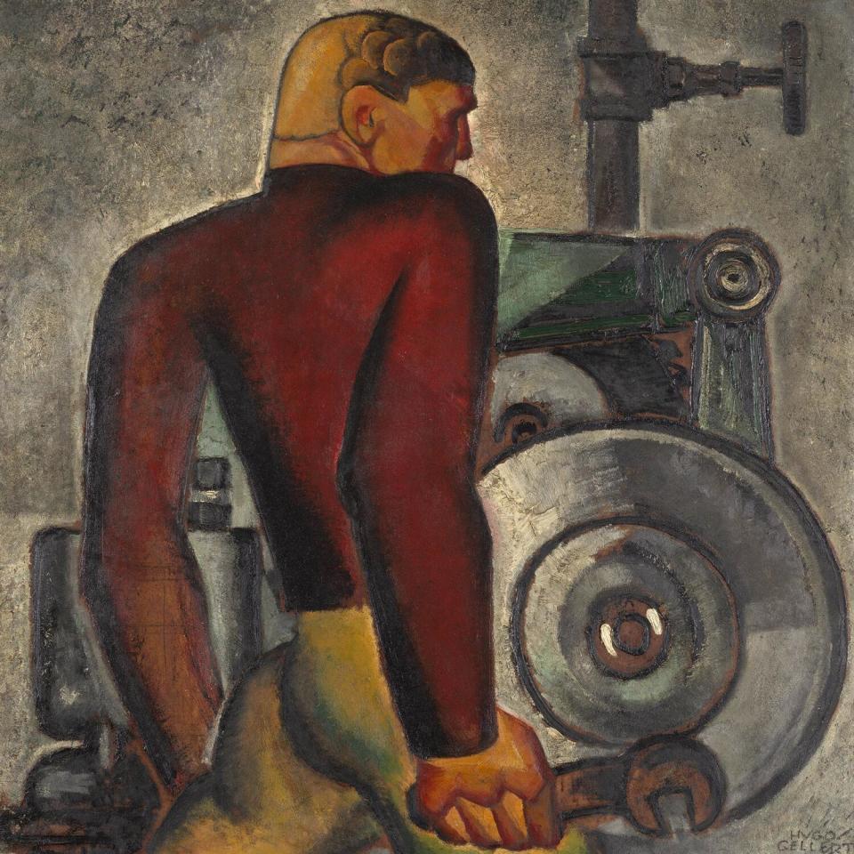 A painting of a worker with an iron wrench