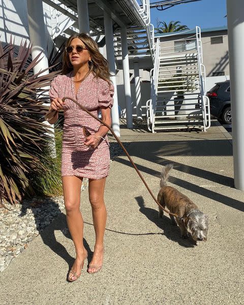 <p>The Instagram newbie looked incredibly chic walking her loyal terrier, Clyde. Instagram thought so too, with the post garnering more than five million likes and a multitude of comments including from fellow dog-lover, and Aniston's ex-husband Justin Theroux.</p><p><a href="https://www.instagram.com/p/B40epCrhLbO/" rel="nofollow noopener" target="_blank" data-ylk="slk:See the original post on Instagram;elm:context_link;itc:0;sec:content-canvas" class="link ">See the original post on Instagram</a></p>