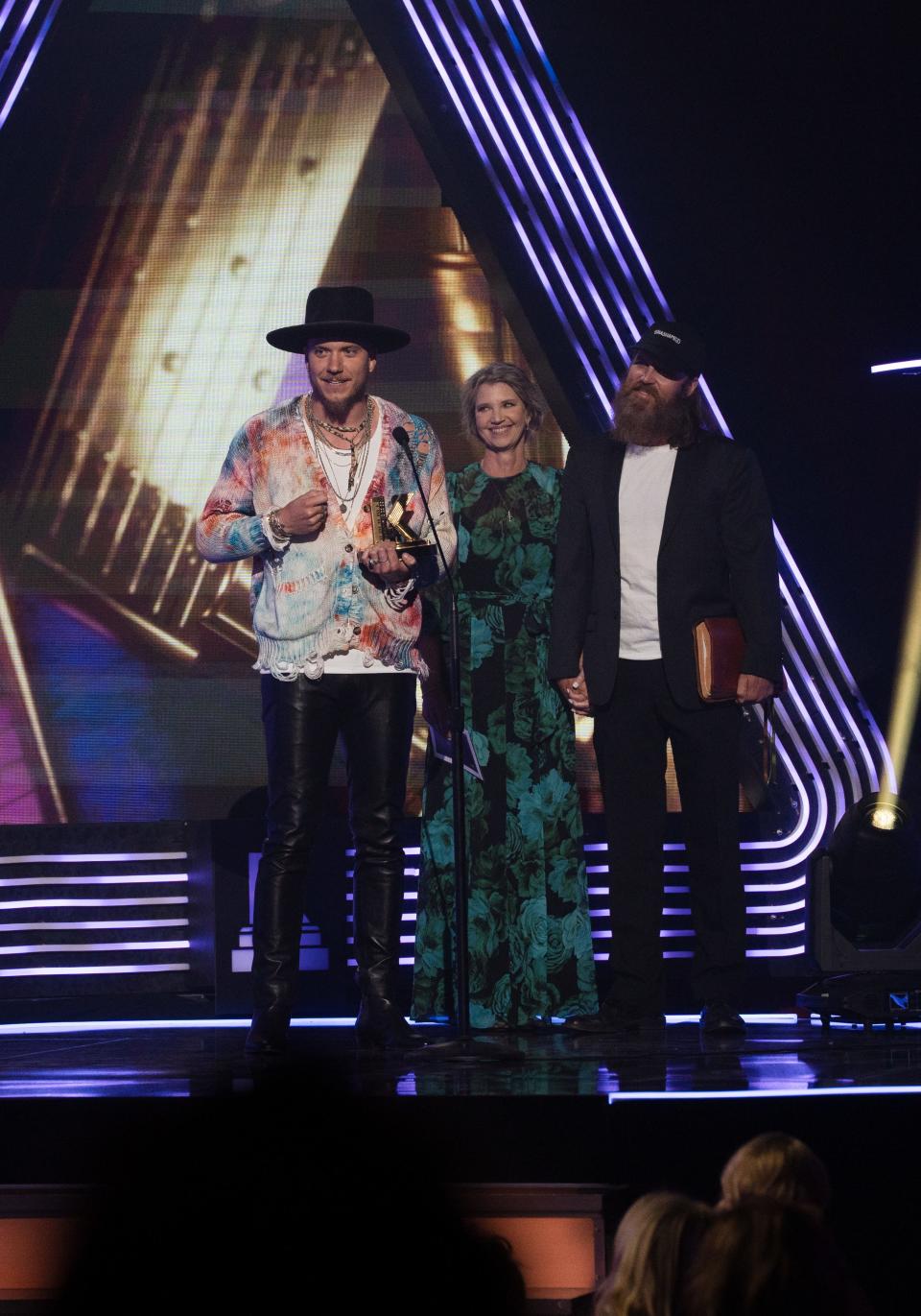 Brandon Lake accepts the award for worship song of the year at the K-Love Fan Awards at the Grand Ole Opry on May 28, 2023; Nashville, TN, USA;  Mandatory Credit: Sarah White-The Tennessean