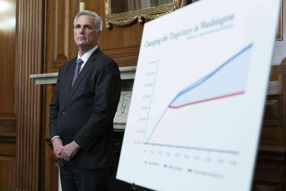 House Speaker Kevin McCarthy of Calif. listens at a news conference after the House passed the debt ceiling bill at the Capitol in Washington, Wednesday, May 31, 2023. The bill now goes to the Senate. (AP Photo/Jose Luis Magana)