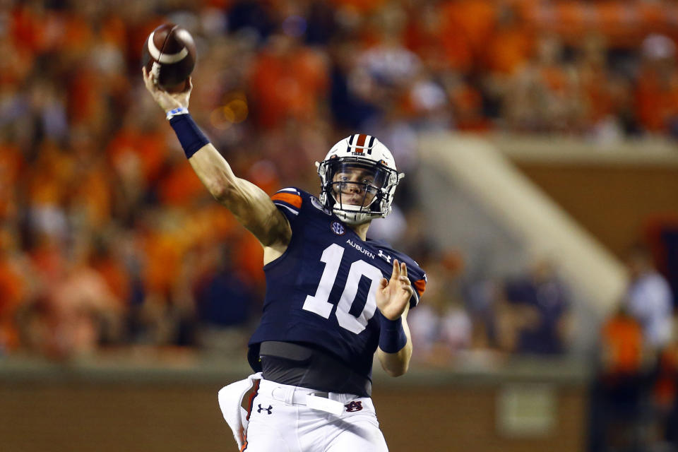 Auburn quarterback Bo Nix (10) throws a pass during the second half of an NCAA college football game against Mississippi State, Saturday, Sept. 28, 2019, in Auburn, Ala. (AP Photo/Butch Dill)