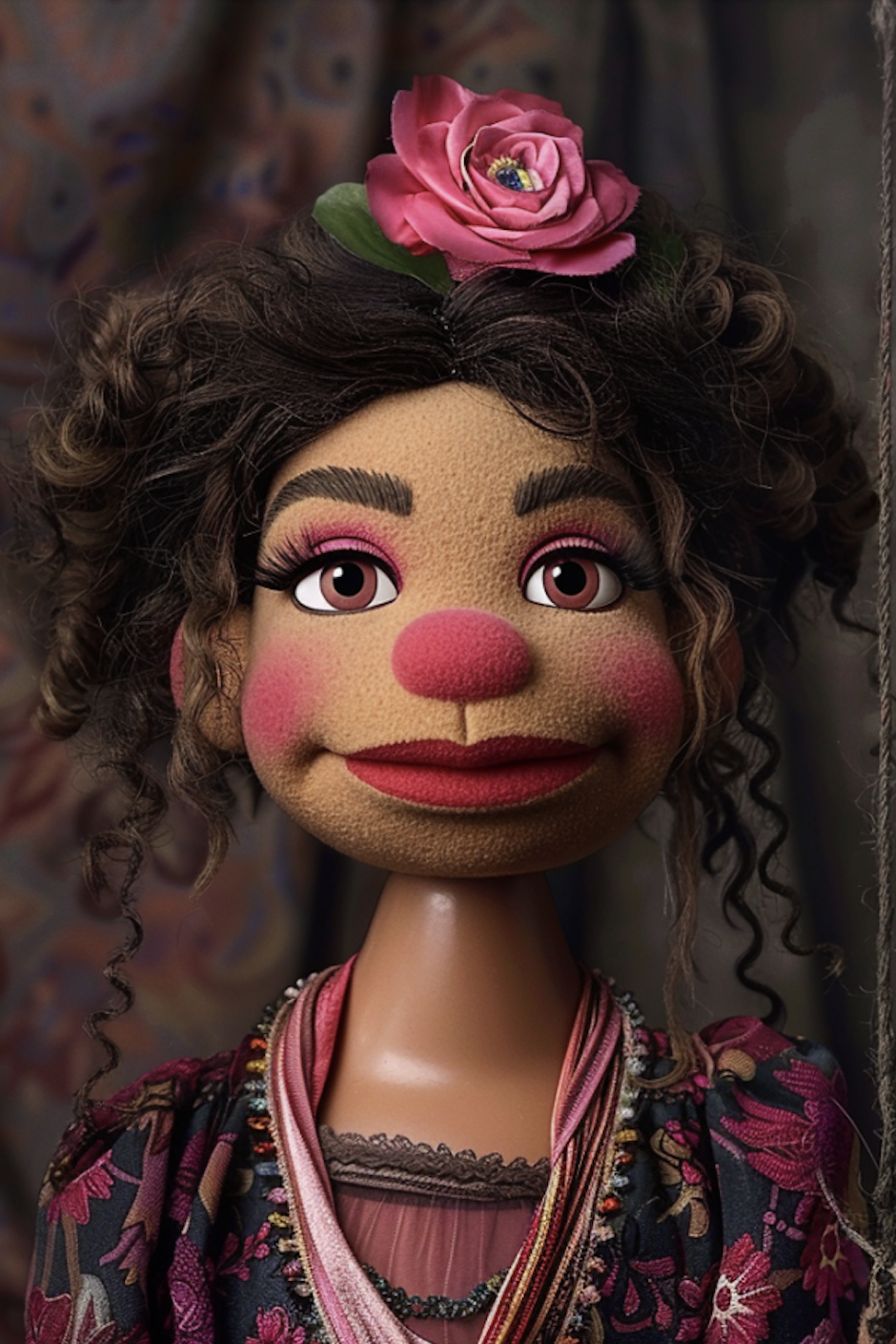 Puppet with curly hair and a pink flower, wearing a patterned dress with a pink neckline