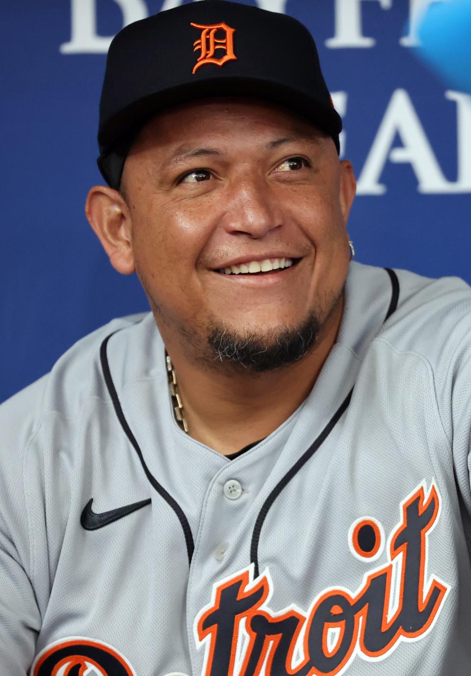 Detroit Tigers designated hitter Miguel Cabrera (24) smiles as he looks on prior to the game against the Tampa Bay Rays at Tropicana Field in St. Petersburg, Florida, on Thursday, March 30, 2023.