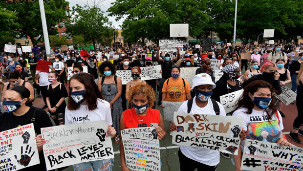 People gather in Boston to protest after George Floyd, an unarmed Black man, was killed by a police officer in Minneapolis who pinned him to the ground with his knee, May 29, 2020. / Credit: JOSEPH PREZIOSO/AFP via Getty Images