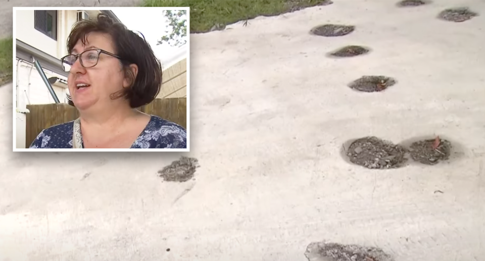 Homeowner Viola speaking to camera (inset) and her damaged driveway, which has holes in it from the pickaxe. 