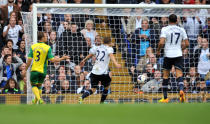 Tottenham's Gylfi Sigurdsson scores his sides second goal during the Barclays Premier League match at White Hart Lane, Tottenham.