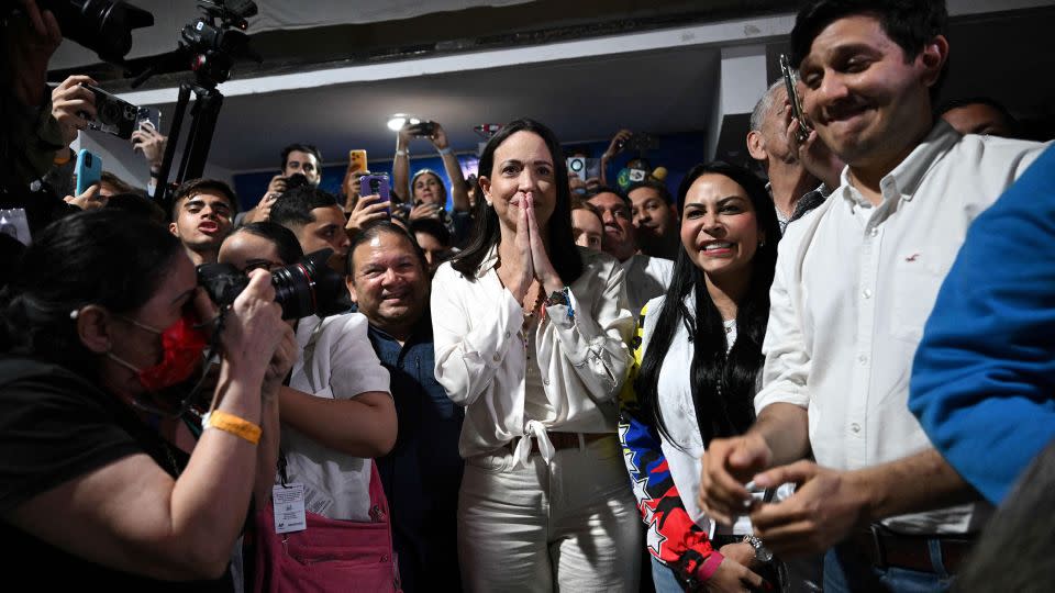 Maria Corina Machado celebrates the results of the opposition's primary elections at her party headquarters in Caracas on October 22, 2023. - Federico Parra/AFP/Getty Images