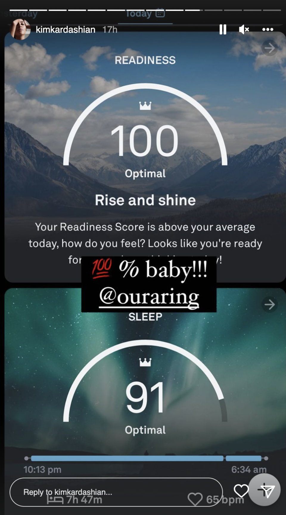 Kim Kardashian’s Oura Ring assessment, as shared to her Instagram Stories (Instagram/Kim Kardashian)