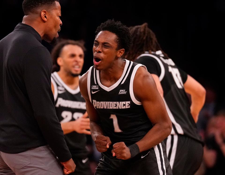 Providence Friars guard Jayden Pierre (1) celebrates the win over the Creighton Bluejays during the second half at Madison Square Garden.