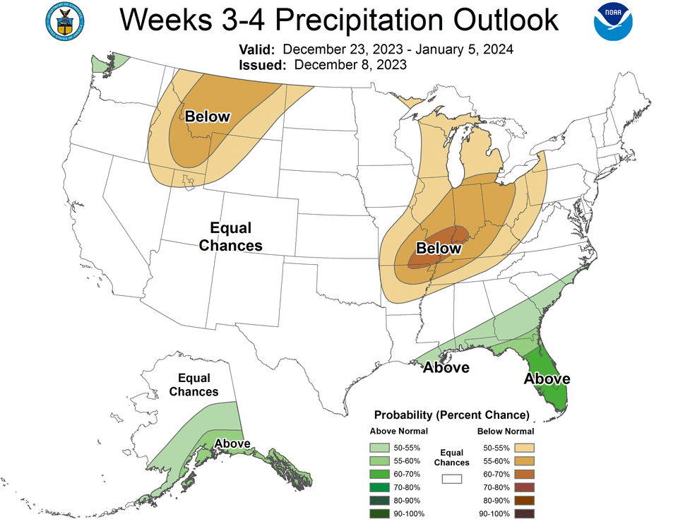 Three-four week outlook for Dec. 23, 2023 - Jan. 5, 2024.