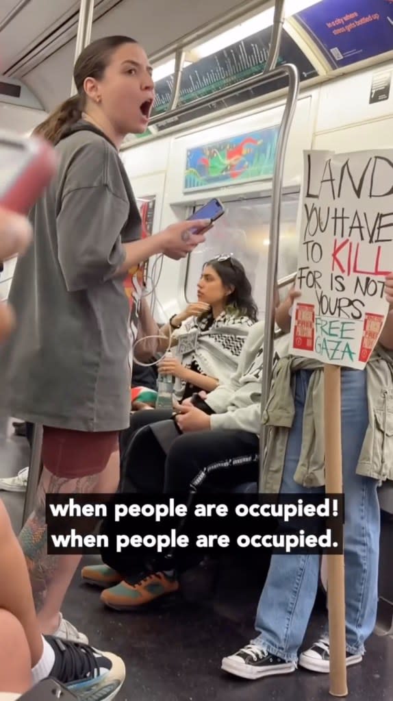 Anti-Israel protesters seen chanting hateful slogan on board a New York City subway this week. @jews_of_ny/Instagram