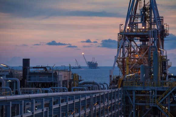 A floating production, storage, and offloading platform at dusk